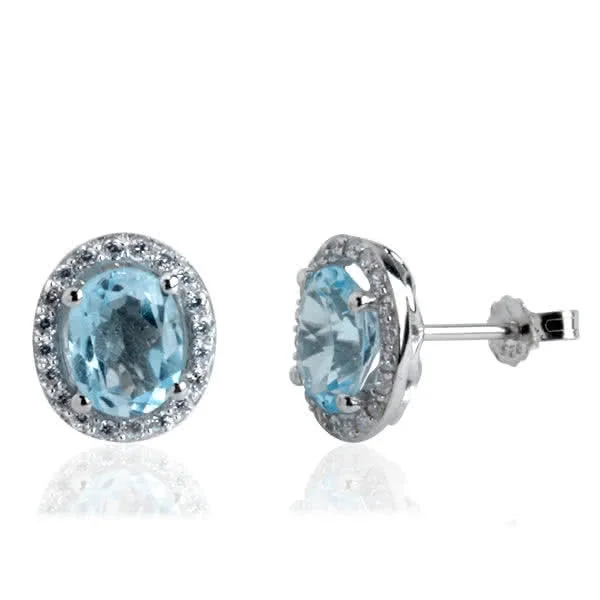 Oval Blue Topaz Silver Earrings - Each earring is set with 20 CZ Gem Stones