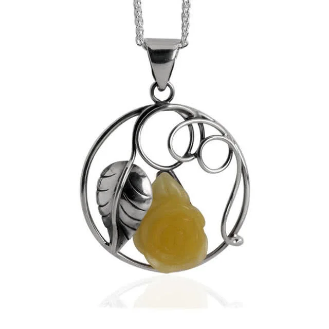 Sterling Silver Carved Baltic Amber Rose Pendant