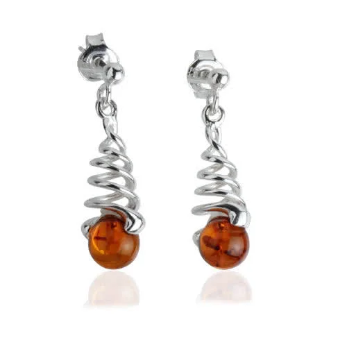 Honey Amber Spiral Drop Earrings - Set with golden honey Baltic amber 6mm beads