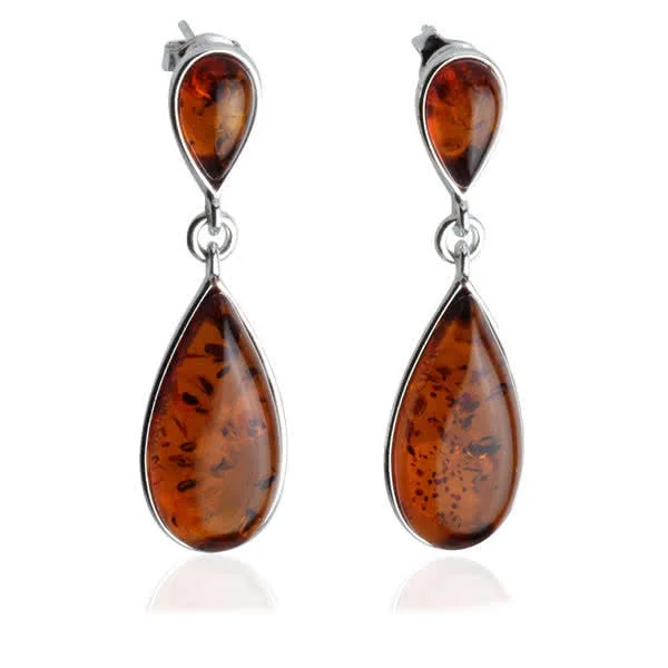 Sterling Silver Double Amber Drop Earrings  - 40mm drop