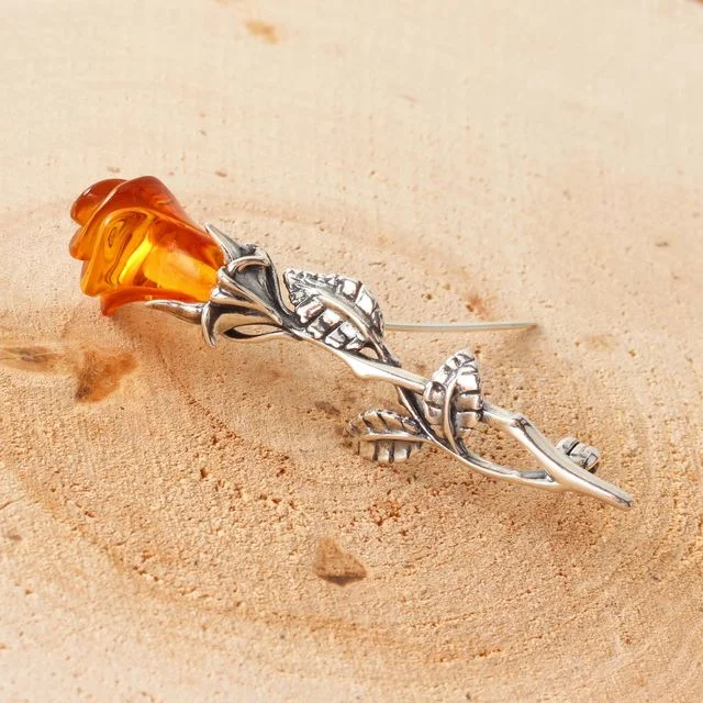 Sterling Silver Honey Baltic Amber Rose Brooch