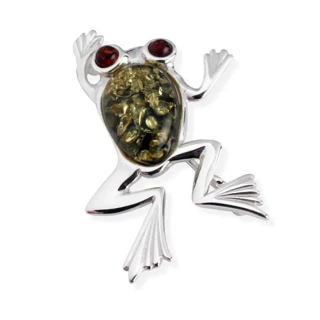 Green and Cognac Baltic Amber Frog Brooch - Sterling Silver