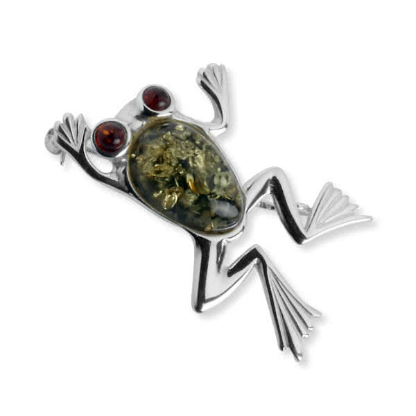 Vintage Sterling Silver and Natural Amber Frog Brooch
