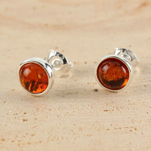Small Round Honey Baltic Amber Sterling Silver Earrings