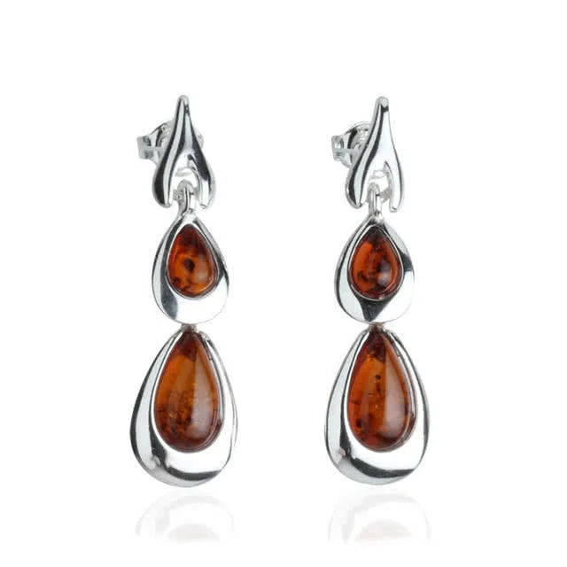 Double Cognac Amber Drop Earrings - 33mm drop with lots of movement