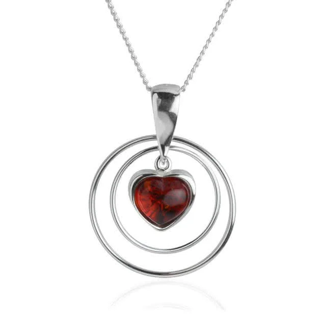 Amber Heart in Silver Rings Pendant - A Rich Cognac Coloured Amber Heart