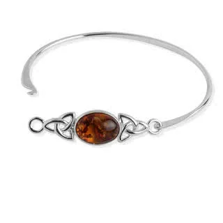 Celtic Baltic Cognac Amber Silver Bangle - Fits wrist sizes up to 7.5 inches - 19 cm