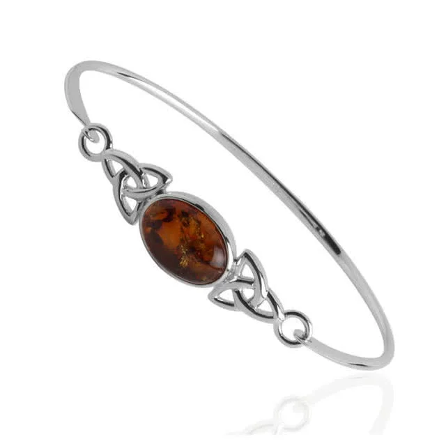 Sterling Silver Celtic Triquetra Trefoil Knot Cognac Baltic Amber Bangle 