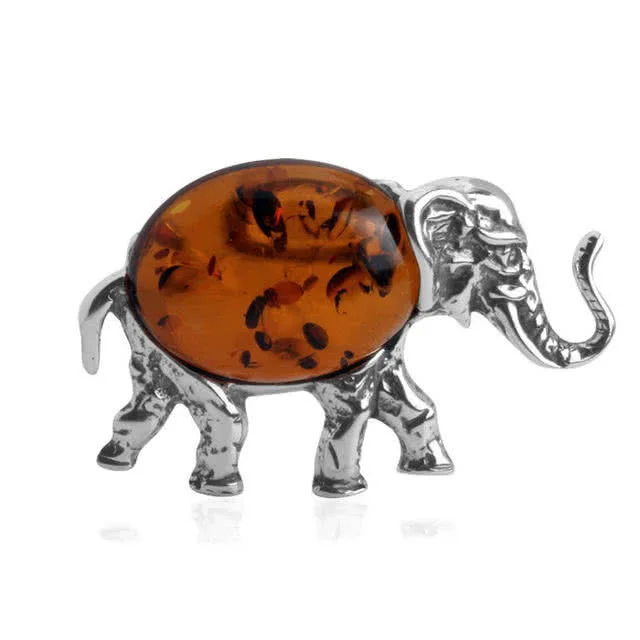 Sterling Silver Elephant Brooch set with genuine baltic honey amber