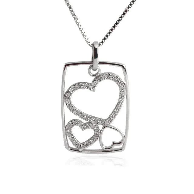 Silver Trio Heart CZ Pendant -  Finished with Rhodium for a white gold look