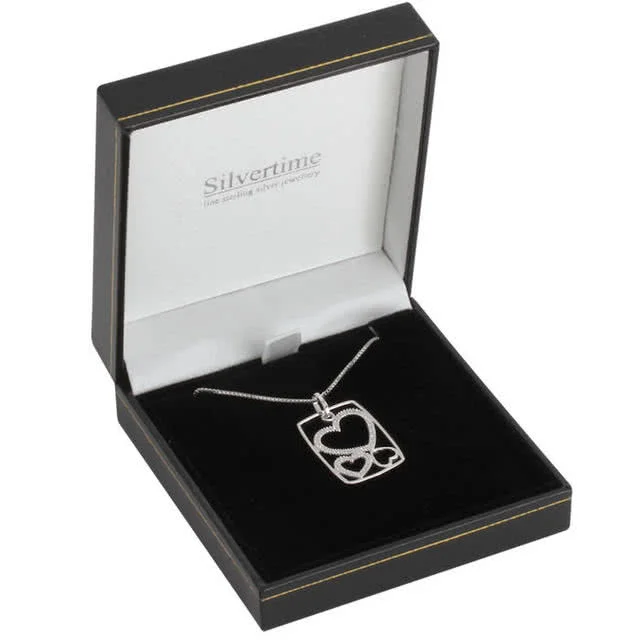 Silver Trio Heart Cubic Zirconia Pendant - Three hearts framed in a silver rectangle frame