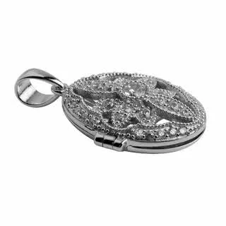 Oval Victorian Locket - Flower Design with Cubic Zirconia Sparkling Gems