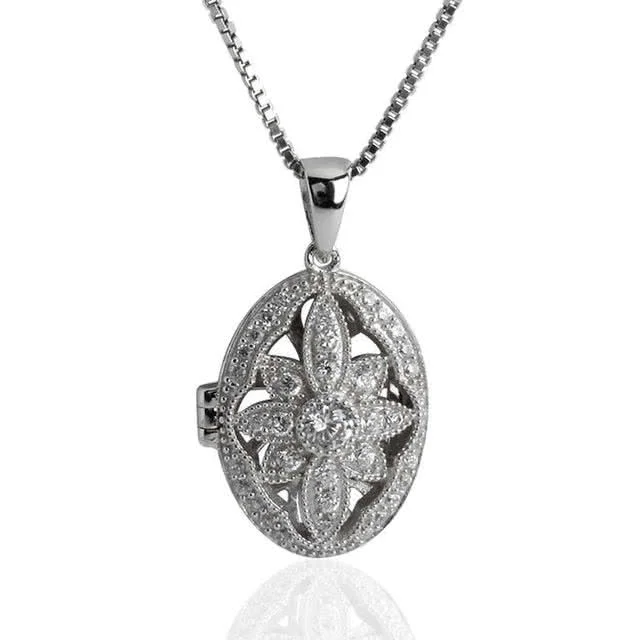 Victorian Design CZ Silver Oval Flower Locket - Rhodium Plated