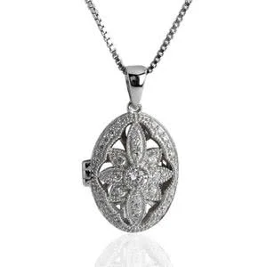 Victorian Design CZ Silver Oval Flower Locket