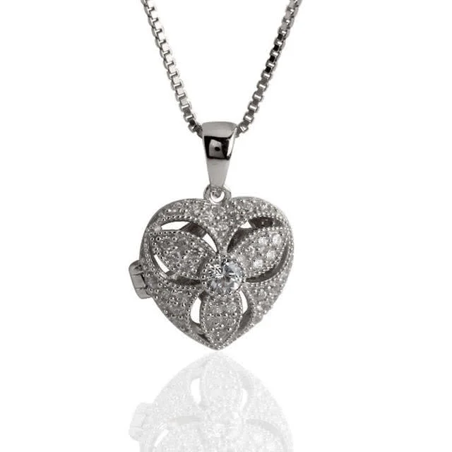 Heart Shaped Vintage Style Silver Locket - Finely set with sparkling Cubic Zirconia gem stones