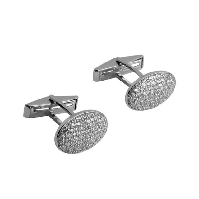 Sterling Silver Rhodium Plated Oval Cubic Zirconia Cufflinks