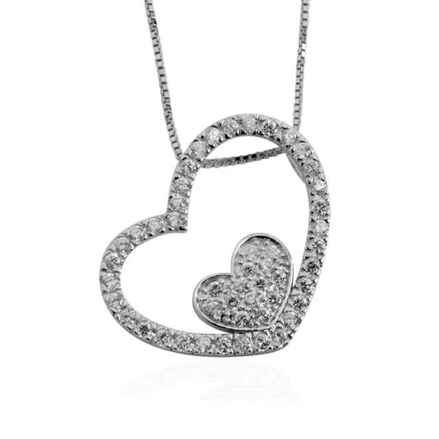 Silver CZ Double Heart Pendant - Rhodium Plated