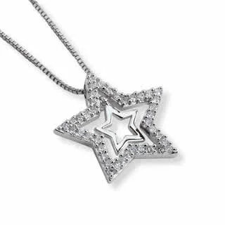 Cubic Zirconia Star Pendant - Within the stone set star is a swinging plain silver star