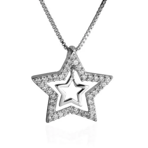 Sterling Silver Rhodium Plated Star Pendant set with Cubic Zirconia Gem Stones