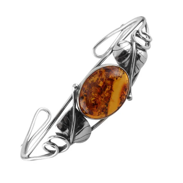 Baltic Honey Amber Silver Leaf Bangle - Floral Leaf Design