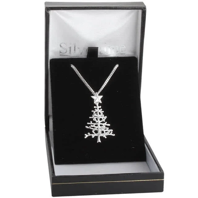 Silver Christmas Tree Pendant with a frosted look, decorated with a solid silver star