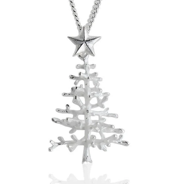 Solid Silver Christmas Tree Pendant with Star - Measures 32mm in length