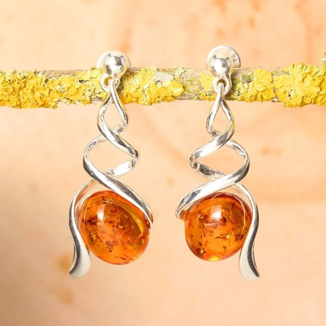 Honey Baltic Amber Sterling Silver Spiral Drop Earrings