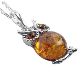 Baltic Amber Owl Pendant - Intricate Silver Detailing