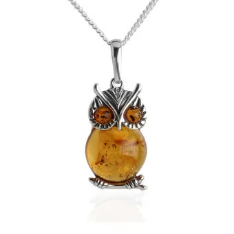 Sterling Silver Baltic Amber Owl Silver Pendant