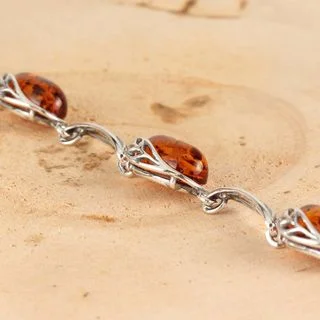 Baltic Amber Leaf Edged Silver Bracelet - 6 Oval Amber Stones