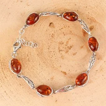 Baltic Amber Leaf Edged Adjustable Sterling Silver Bracelet