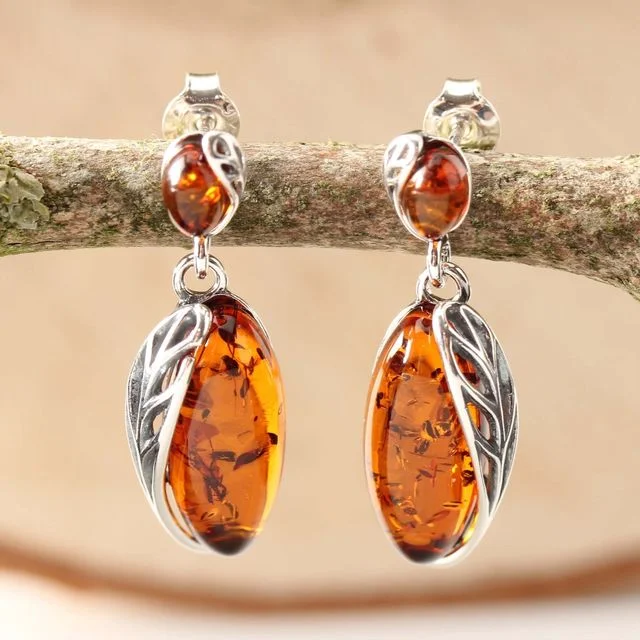 Honey Baltic Amber Sterling Silver Leaf Edged Drop Earrings