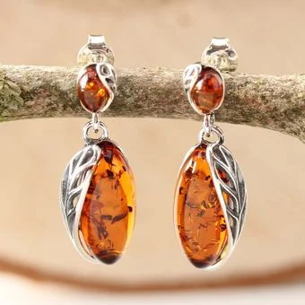 Baltic Amber Leaf Edged Drop Earrings