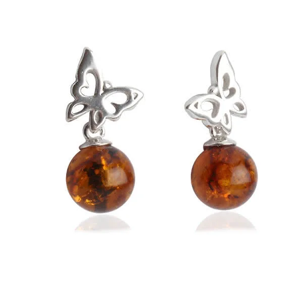Baltic Amber Butterfly Bead Drop Earrings - 8mm diameter amber beads