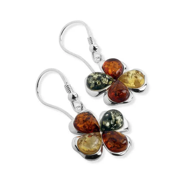 Four Leaf Clover Baltic Amber Earrings - 38mm drop length - Genuine Baltic Amber