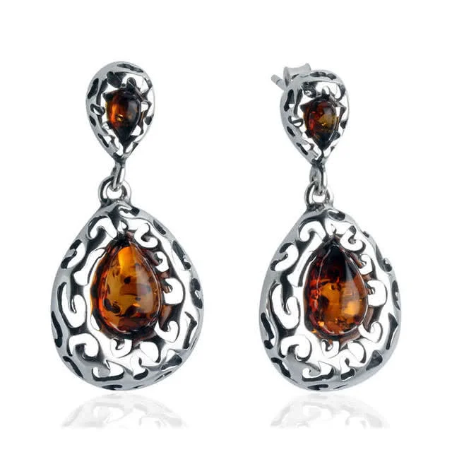 Cognac Baltic Amber Drop Earrings - 33mm Drop Length