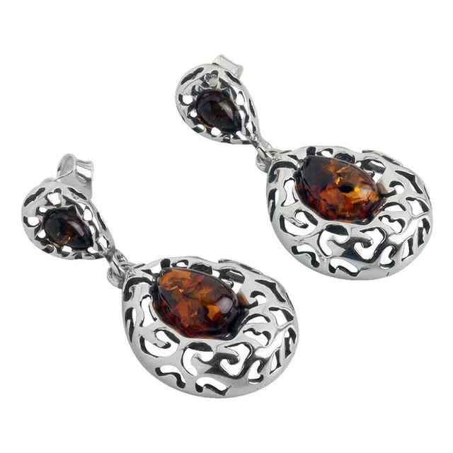 Cognac Baltic Amber Drop Earrings - Sterling Silver - Unusual Silver Frame Design