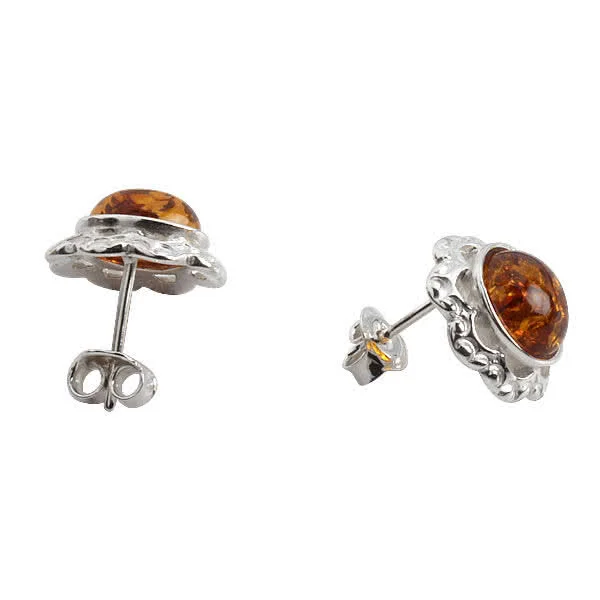 Fancy Edged Round Baltic Amber Studs with intricate silverwork edged detailing