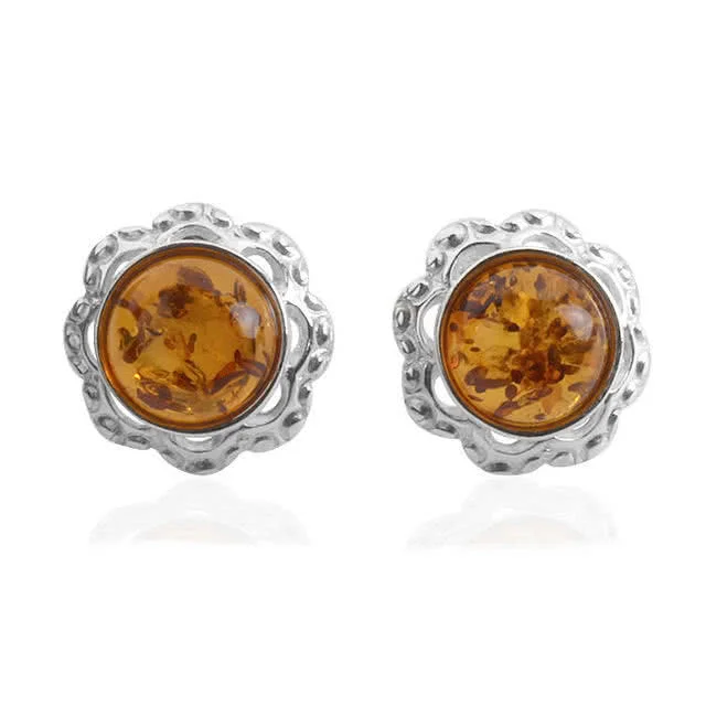 Fancy Edged Round Baltic Amber Studs  12.50mm in diameter with 8mm amber stones