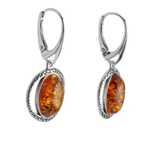 Sterling Silver Oval Baltic Amber Drop Earrings