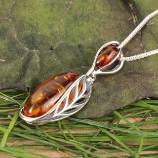 Sterling Silver Cognac Baltic Amber Leaf Edged Pendant