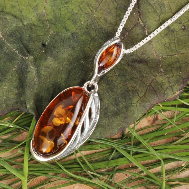 Cognac Baltic Amber Sterling Silver Leaf Edged Pendant