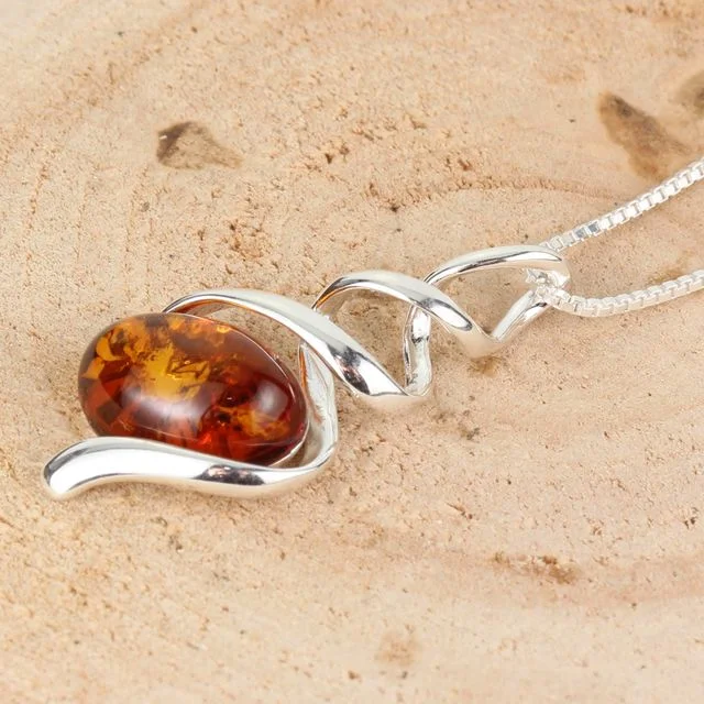 Sterling Silver Baltic Amber Spiral Pendant With Chain