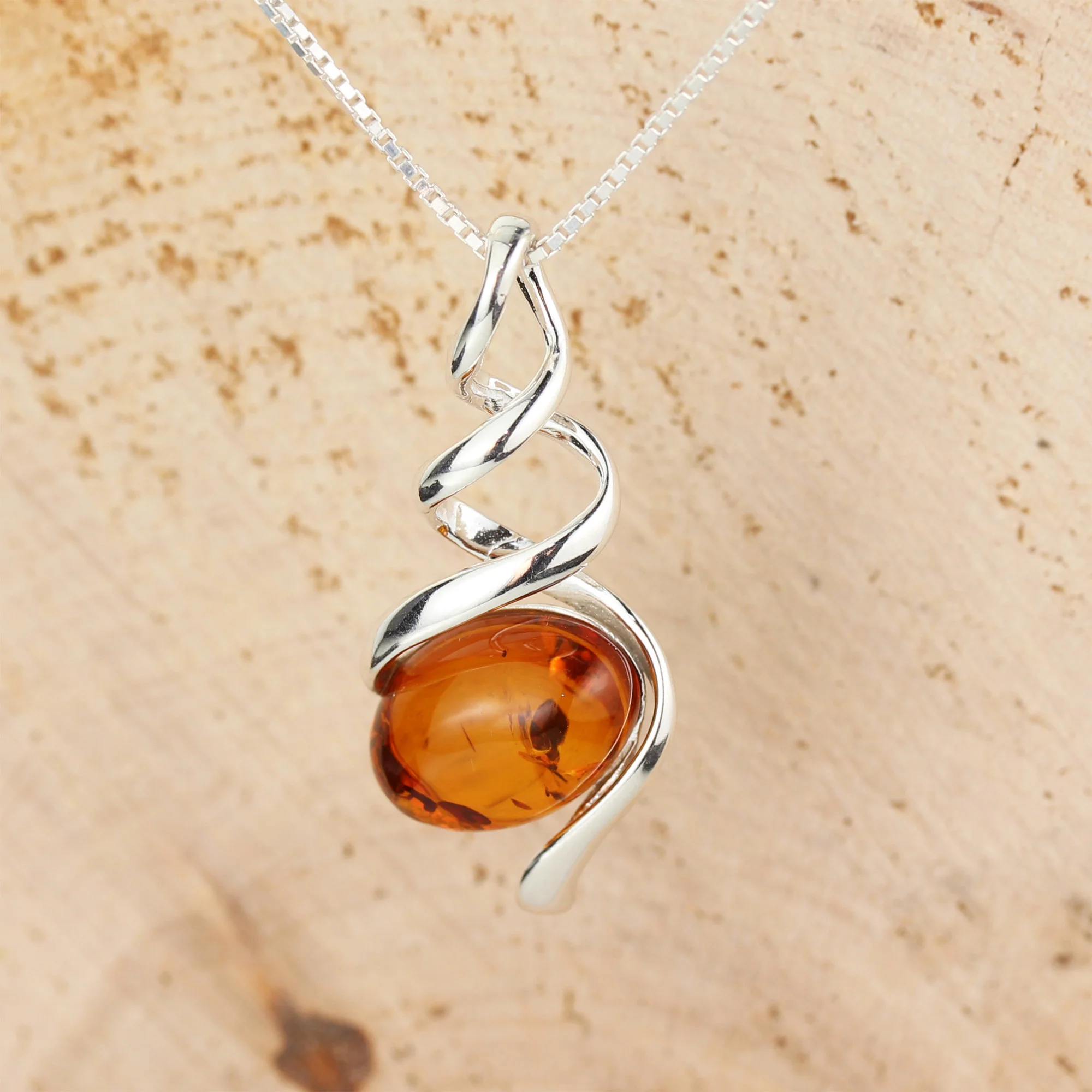 Sterling Silver Baltic Amber Spiral Pendant With Chain