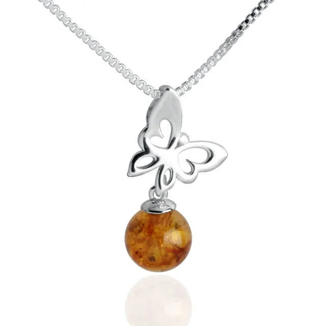 Sterling Silver Butterfly Baltic Amber Bead Pendant