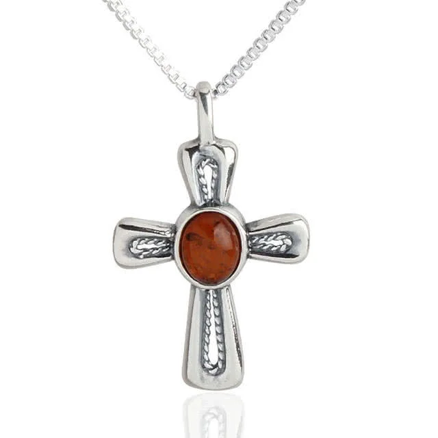 Small Baltic Amber Silver Cross with silver oxidised detailing - 16 inch silver chain included