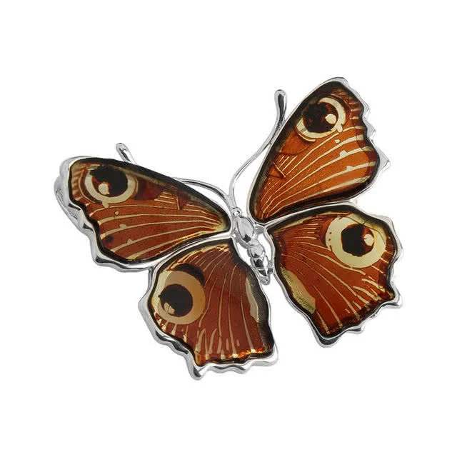 Large Peacock Baltic Amber Butterfly Brooch Pendant - Sterling Silver