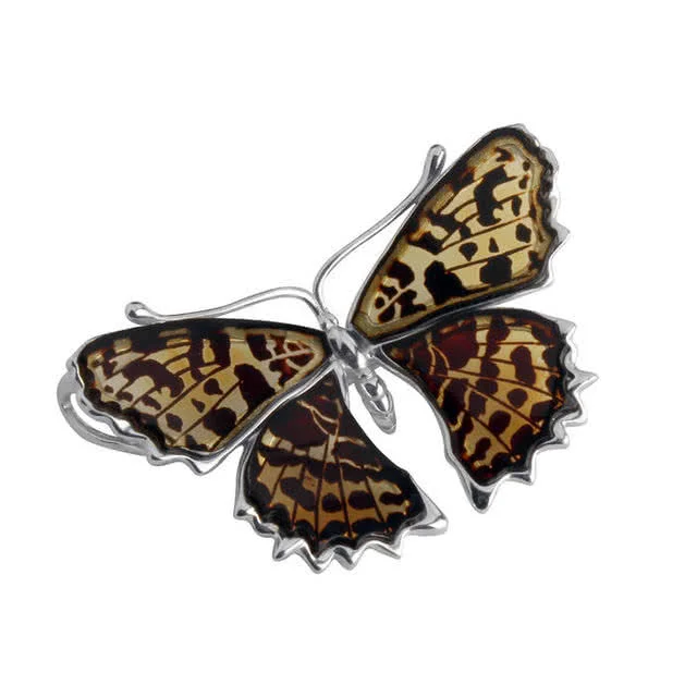 Heath Fritillary Baltic Amber Butterfly Brooch Pendant -  Measures 55mm x 30mm