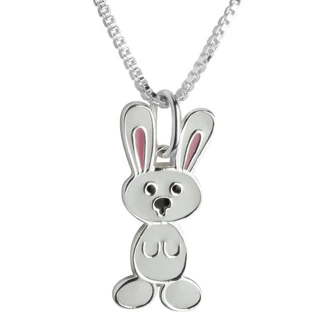 Child's Enamel Bunny Pendant - Pink enamel ears and black enamelled detailing on the nose and eyes