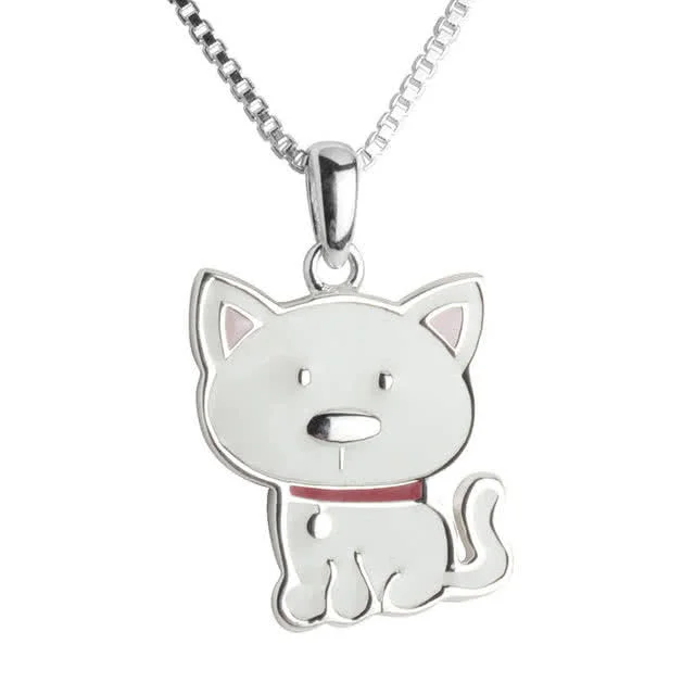 Cartoon Cat Silver Pendant with Chain